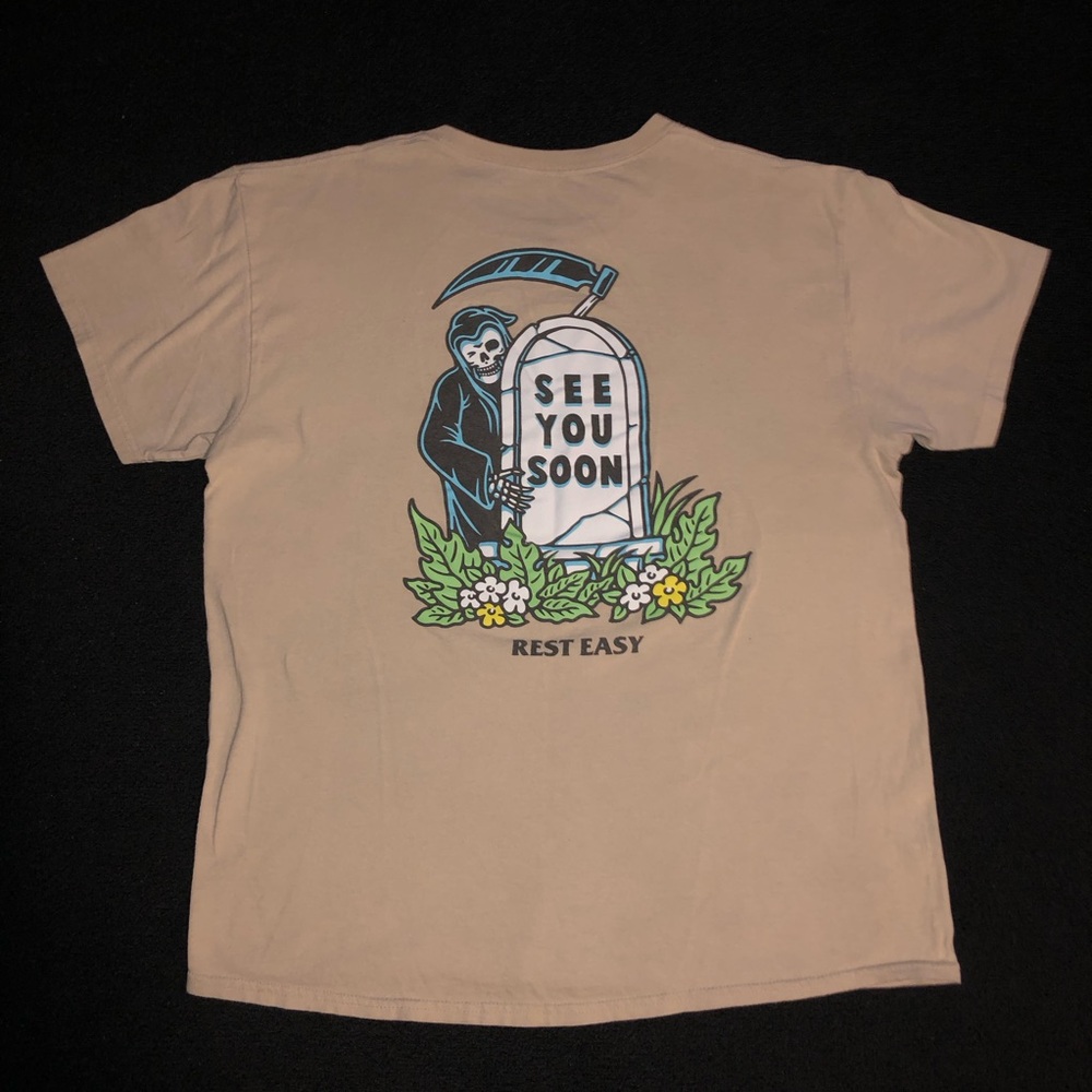 Rest Easy. See You Soon. Size large. Tan color. Short Sleeve Shirt.